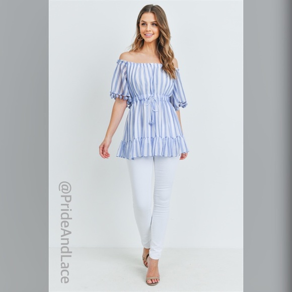 LAST 1️⃣ BLUE STRIPES OFF THE SHOULDER TOP - Picture 4 of 6